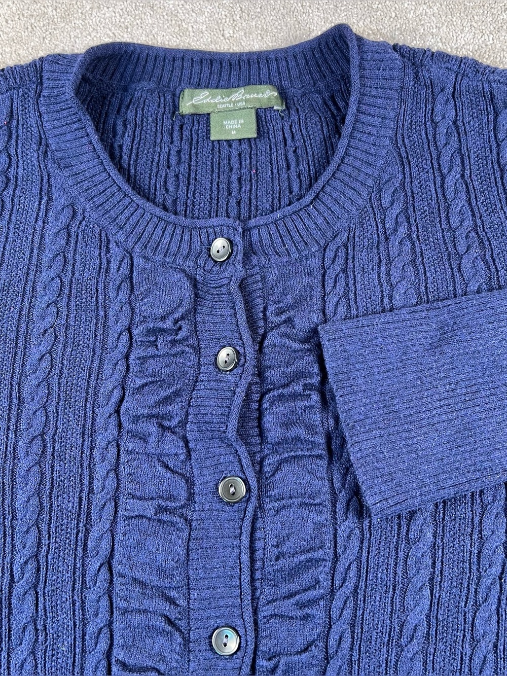 Eddie Bauer Sweater Cardigan Blue Button Up Ruffle Front Cable Knit Women's Med